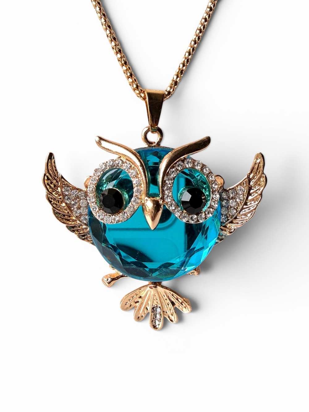 Betsey Johnson Teal Crystal Owl Rhinestone Pendant Necklace NWT